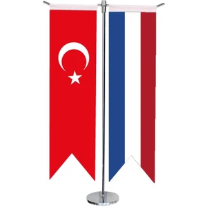 Satürn Design Masaüstü Kırlangıç Fransa + Türk Bayrağı + Krom T Direk Masa Bayrak Seti