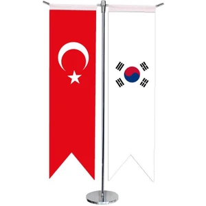 Satürn Design Masaüstü Kırlangıç Güney Kore + Türk Bayrağı + Krom T Direk Masa Bayrak Seti