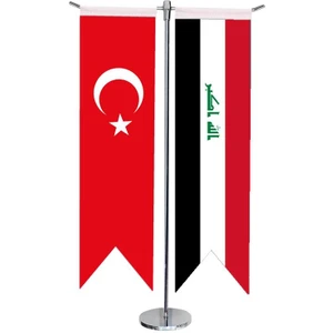Satürn Design Masaüstü Kırlangıç Irak + Türk Bayrağı + Krom T Direk Masa Bayrak Seti