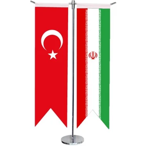 Satürn Design Masaüstü Kırlangıç Iran + Türk Bayrağı + Krom T Direk Masa Bayrak Seti