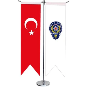 Masaüstü Kırlangıç Polis Arması + Türk Bayrağı + Krom T Direk Masa Bayrak Seti