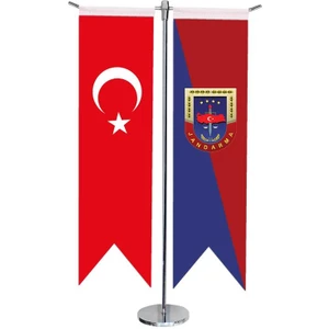 Satürn Design Masaüstü Kırlangıç Jandarma + Türk Bayrağı + Krom T Direk Masa Bayrak Seti