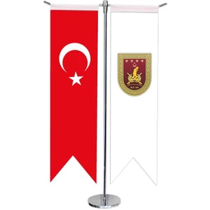 Satürn Design Masaüstü Kırlangıç Kara Kuvvetleri + Türk Bayrağı + Krom T Direk Masa Bayrak Seti