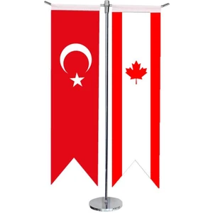 Satürn Design Masaüstü Kırlangıç Kanada + Türk Bayrağı + Krom T Direk Masa Bayrak Seti
