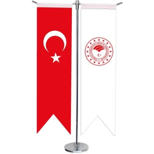 Masaüstü Kırlangıç Tarım Bakanlığı + Türk Bayrağı + Krom T Direk Masa Bayrak Seti