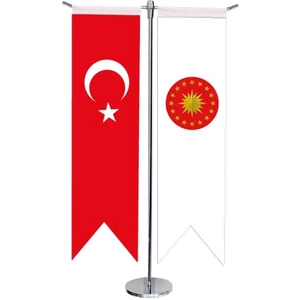 Satürn Design Masaüstü Kırlangıç Cumhurbaşkanlığı + Türk Bayrağı + Krom T Direk Masa Bayrak Seti