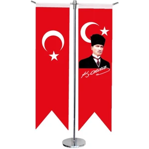 Satürn Design Masaüstü Kırlangıç Atatürk+ Türk Bayrağı + Krom T Direk Masa Bayrak Seti