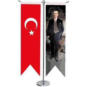 Satürn Design Masaüstü Kırlangıç Atatürk + Türk Bayrağı + Krom T Direk Masa Bayrak Seti