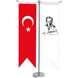 Satürn Design Masaüstü Kırlangıç Atatürk Imzalı Masa + Türk Bayrağı + Krom T Direk Masa Bayrak Seti