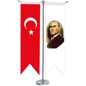 Satürn Design Masaüstü Kırlangıç Atatürk + Türk Bayrağı + Krom T Direk Masa Bayrak Seti