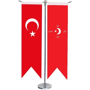 Satürn Design Masaüstü Kırlangıç Ittihat ve Terakki + Türk Bayrağı + Krom T Direk Masa Bayrak Seti