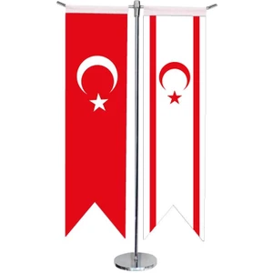 Satürn Design Masaüstü Kırlangıç Kktc + Türk Bayrağı + Krom T Direk Masa Bayrak Seti