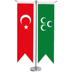 Satürn Design Masaüstü Kırlangıç Yeşil Üç Hilal + Türk Bayrağı + Krom T Direk Masa Bayrak Seti