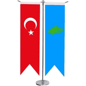 Masaüstü Kırlangıç Göktürk Devleti + Türk Bayrağı + Krom T Direk Masa Bayrak Seti
