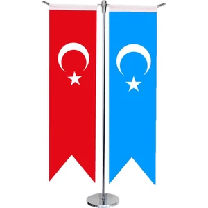 Satürn Design Masaüstü Kırlangıç Doğu Türkistan + Türk Bayrağı + Krom T Direk Masa Bayrak Seti