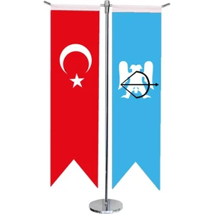 Satürn Design Masaüstü Kırlangıç Selçuklu Devleti + Türk Bayrağı + Krom T Direk Masa Bayrak Seti