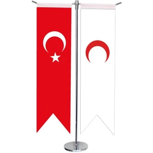 Masaüstü Kırlangıç Kızılay + Türk Bayrağı + Krom T Direk Masa Bayrak Seti