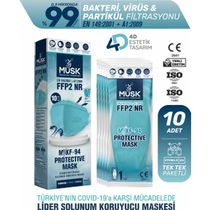 KF94 Kore Tipi N95 Maske Turkuaz Renk 10 Adet