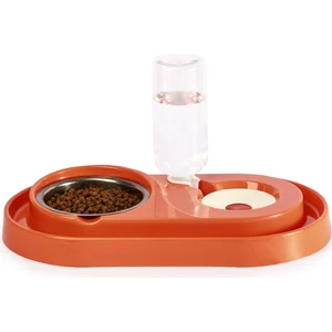 Hazneli Çelik Taslı Kedi-Köpek Mama ve Su Kabı Seti 500 ml Turuncu