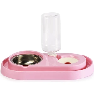 Hazneli Çelik Taslı Kedi-Köpek Mama ve Su Kabı Seti 1000 ml Açık Pembe