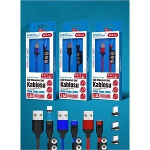 Ack-57 Mıknatıslı Mikro, Lightning, Type-C USB Şarj Kablosu
