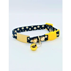 Pet Love Forever İsme Özel Güvenlik Kilitli Papatya Desenli Kedi Tasması Sarı - Siyah 19-32 cm M