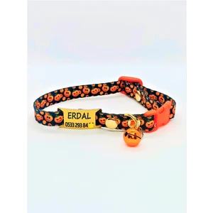 Pet Love Forever Bal Kabağı Desenli İsme Özel Kedi Tasması Turuncu-Siyah 19-32 cm M