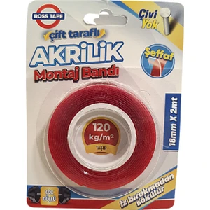 Boss Tape Çift Taraflı Akrilik Montaj Bandı Şeffaf 18 mm x 2 M