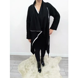 Kadın Polar Kumaş Şal Yaka Kenarı Beyaz Şerit Fermuar Detaylı Özel Tasarım Oversize Kaban