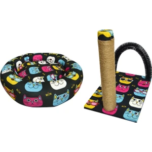 Biosand Simit Kedi Yatağı ve Kaşımalı Tırmalama Seti Kedi Desenli