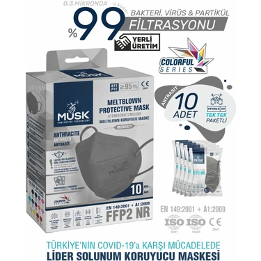 Musk Ffp2 Maske 10 Adet Antrasit Renk Standart Ebat Ergonomik Tasarım ile Yüksek