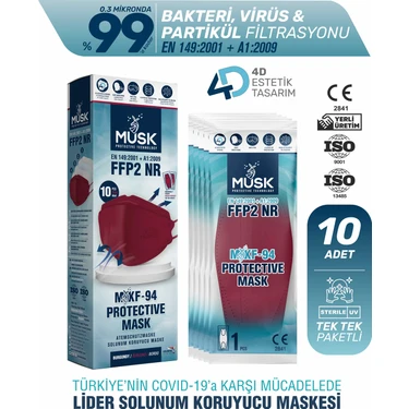 Musk KF94 Kore Tipi Ffp2 Maske Bordo Renk 10