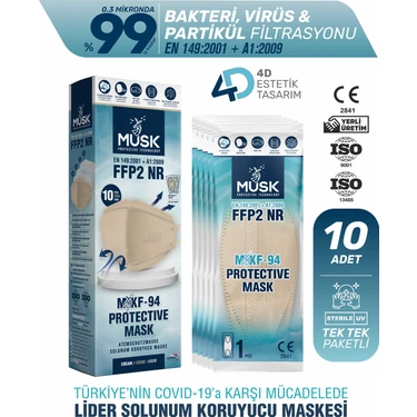 Musk KF94 Kore Tipi FFP2 Maske Krem- 4 Katmanlı Meltblown Mikrofilament Kumaş, Standart Beden,