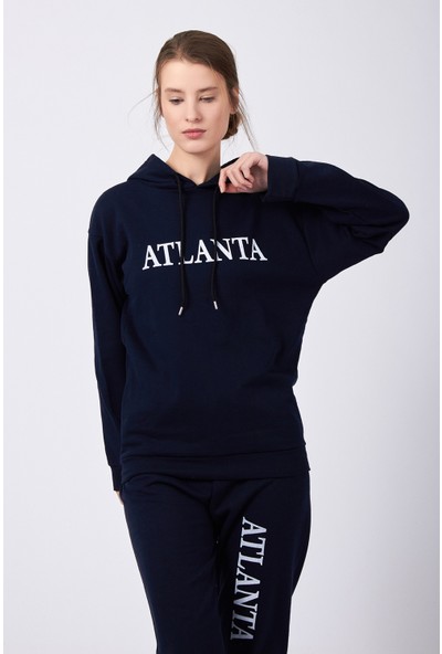 Moda Kargül Kadın Kapüşonlu Atlanta Baskılı Uzun Kollu Eşofman Takımı -Lacivert