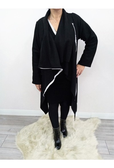 Kadın Polar Kumaş Şal Yaka Kenarı Beyaz Şerit Fermuar Detaylı Özel Tasarım Oversize Kaban