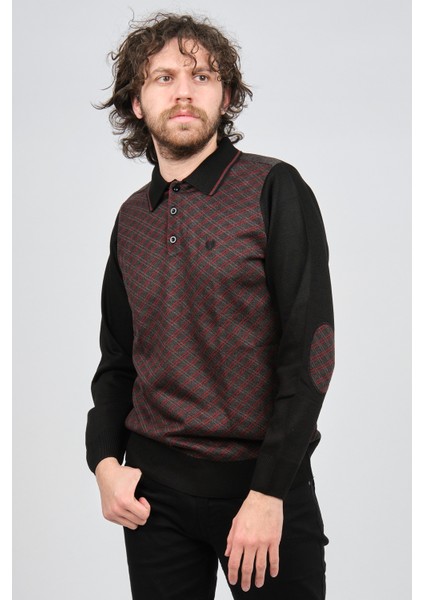 Erkek Desenli Dirsek Detaylı Polo Yaka Kazak 1577423 Kırmızı