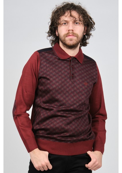 Erkek Desenli Dirsek Detaylı Polo Yaka Kazak 1577423 Bordo