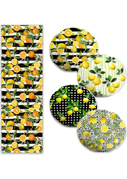 Siyah Çizgili Limon Tasarımlı 4 Yuvarlak Kırlent Kılıfı ve 1 Runner Seti