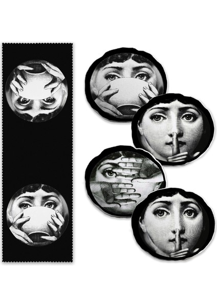 Siyah Zeminli Fornasetti Tasarımlı 4 Yuvarlak Kırlent Kılıfı ve 1 Runner Seti
