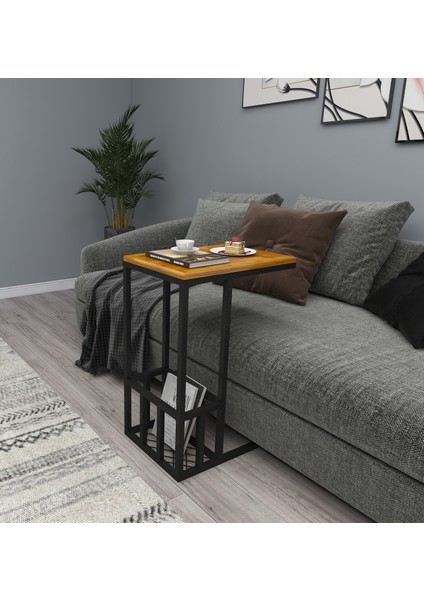 Prag Doğal Ahşap Metal Ayaklı C Yan Sehpa Meşe Renk