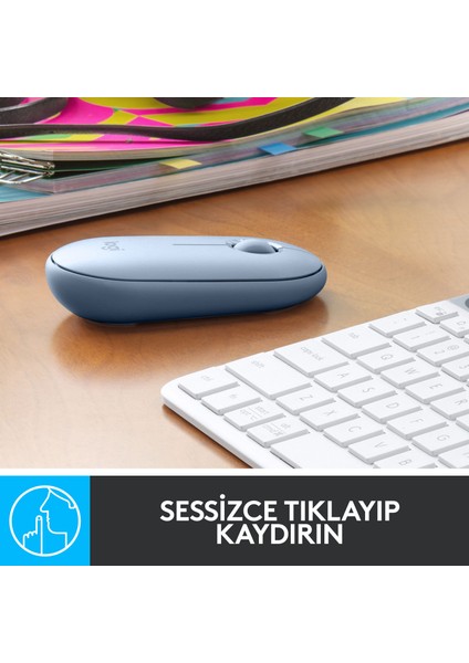 M350 Pebble Sessiz Kablosuz Kompakt Mouse - Mavi/Gri modelleri