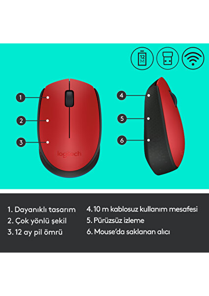 LOGITECH M171 KABLOSUZ MOUSE KIRMIZI 910-004641