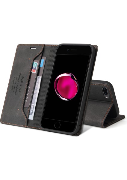 Apple iPhone 8 Plus / 7 Plus / 6 Plus / 6s Plus Için Premium Vintage Pu Deri Kılıf Mat Cüzdan Çevirme Standı Kapağı Siyah (Yurt Dışından)