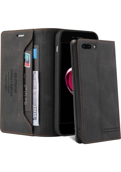 Apple iPhone 8 Plus / 7 Plus / 6 Plus / 6s Plus Için Premium Vintage Pu Deri Kılıf Mat Cüzdan Çevirme Standı Kapağı Siyah (Yurt Dışından)