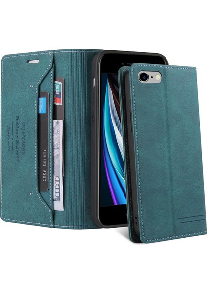 Apple iPhone Se 2020 / 6 / 6s / 7 / 8 Için Premium Vintage Pu Deri Kılıf Mat Cüzdan Çevirme Standı Kapağı Mavi (Yurt Dışından)