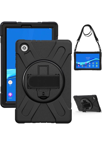 Lenovo M10 Plus TB-X606F Kılıf Çift Katmanlı Tank Defender Stand Olabilen Tablet Kılıfı Siyah