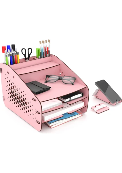 Design OTTO Medium Hexa - 6 Renk - A4 Evrak Rafı Masaüstü Organizer Düzenleyici Pembe