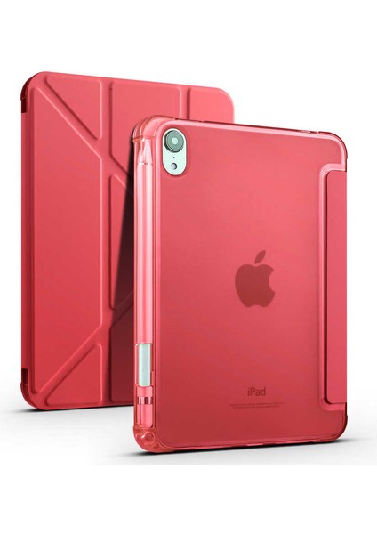 Apple iPad Mini 6 8.3inç 2021 Kılıf Kalem Bölmeli Trifolding Case A2567 A2568 A2569 Kırmızı