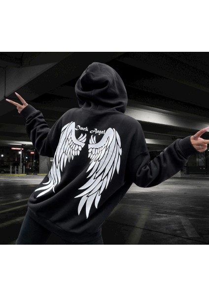 Kapüşonlu Dark Angel Sırt Baskılı Şardonlu Pamuk Dokuma Tam Kışlık Oversize Tarz Kadın Sweatshirt