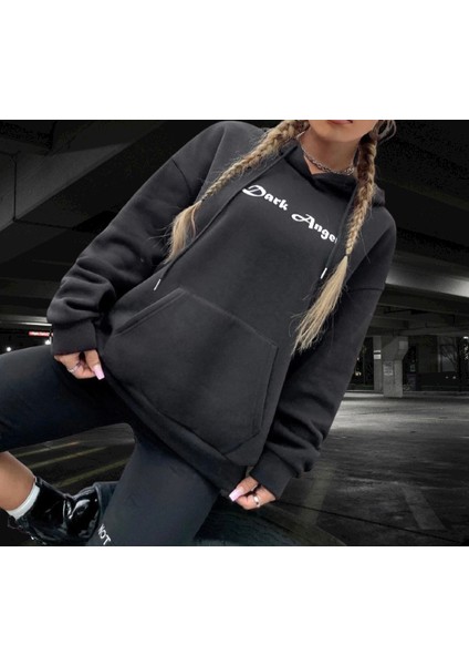 Kapüşonlu Dark Angel Sırt Baskılı Şardonlu Pamuk Dokuma Tam Kışlık Oversize Tarz Kadın Sweatshirt fiyatları